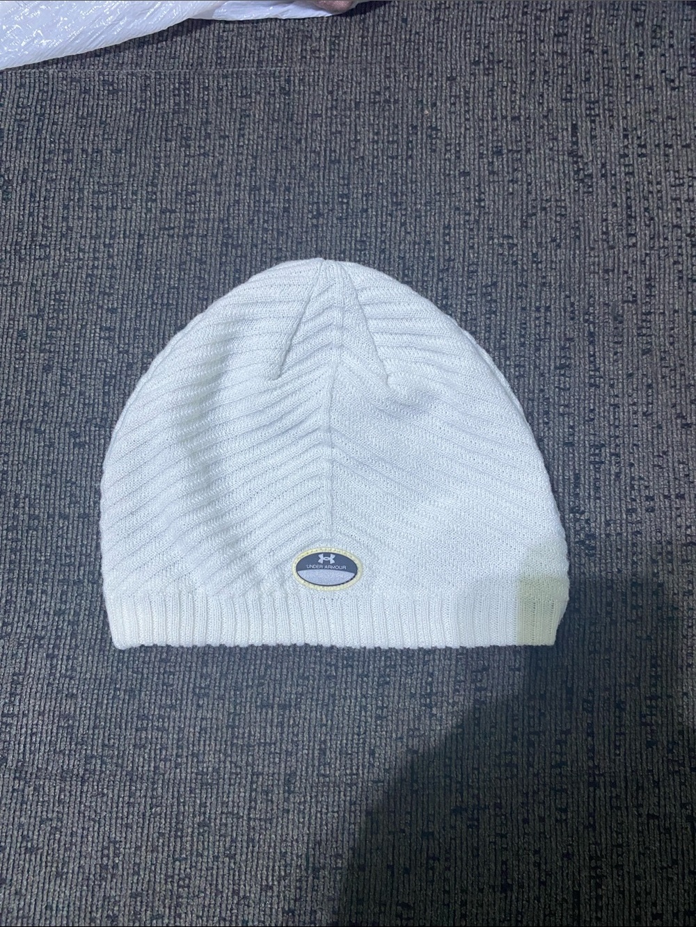 Under Armour White Ribbed Knit Beanie with Logo Patch